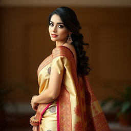 A photorealistic image of an elegant woman wearing a beautifully draped saree that accentuates her curves, including a well-fitted blouse