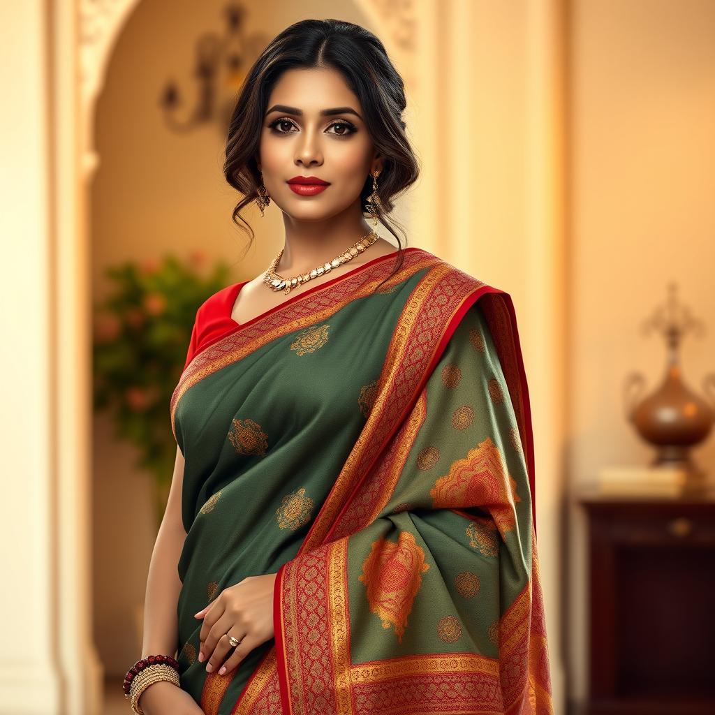 A photorealistic image of an elegant woman wearing a beautifully draped saree that accentuates her curves, including a well-fitted blouse