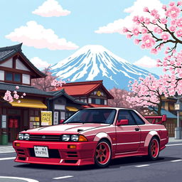 A pixel art-style image of a Nissan Skyline GTR R32 parked with Mount Fuji majestically in the background