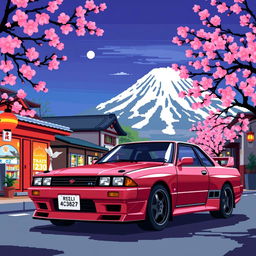 A pixel art-style image of a Nissan Skyline GTR R32 parked with Mount Fuji majestically in the background