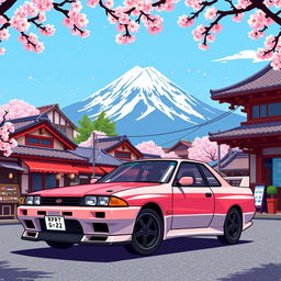 A pixel art-style image of a Nissan Skyline GTR R32 parked with Mount Fuji majestically in the background