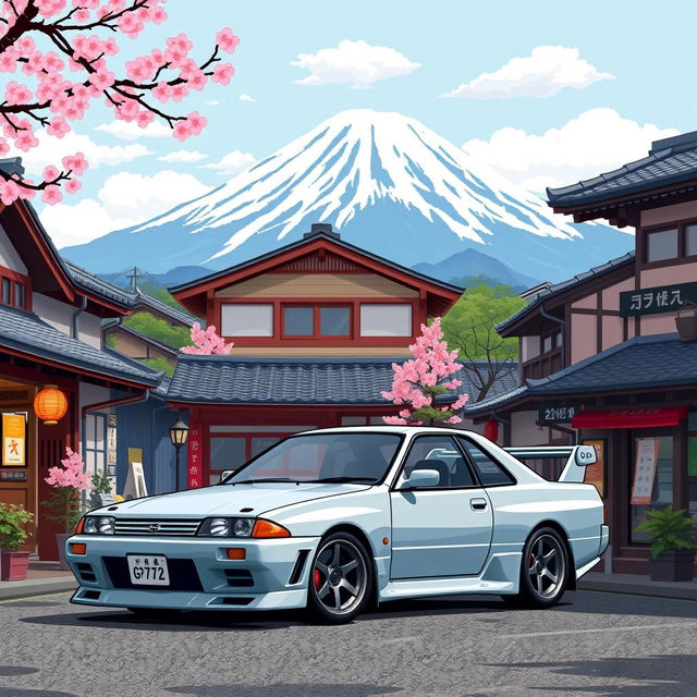 A pixel art-style image of a Nissan Skyline GTR R32 parked with Mount Fuji majestically in the background