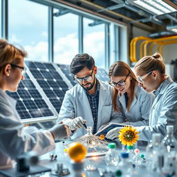 A dynamic scene illustrating advanced material science and material engineering technologies in the context of renewable energy