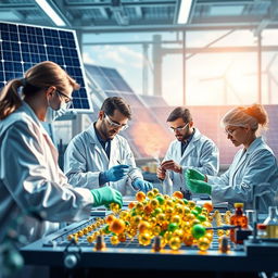 A dynamic scene illustrating advanced material science and material engineering technologies in the context of renewable energy