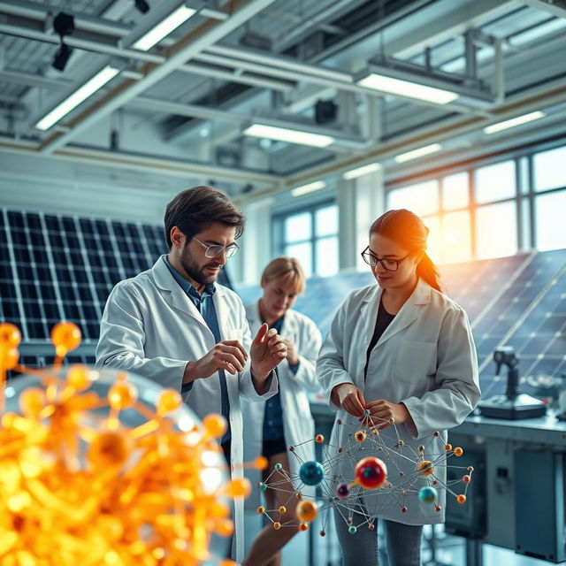 A dynamic scene illustrating advanced material science and material engineering technologies in the context of renewable energy