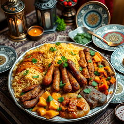A beautifully arranged platter of traditional Muslim food including fragrant biryani, tender kebabs, and colorful vegetable curries, garnished with fresh herbs like mint and coriander