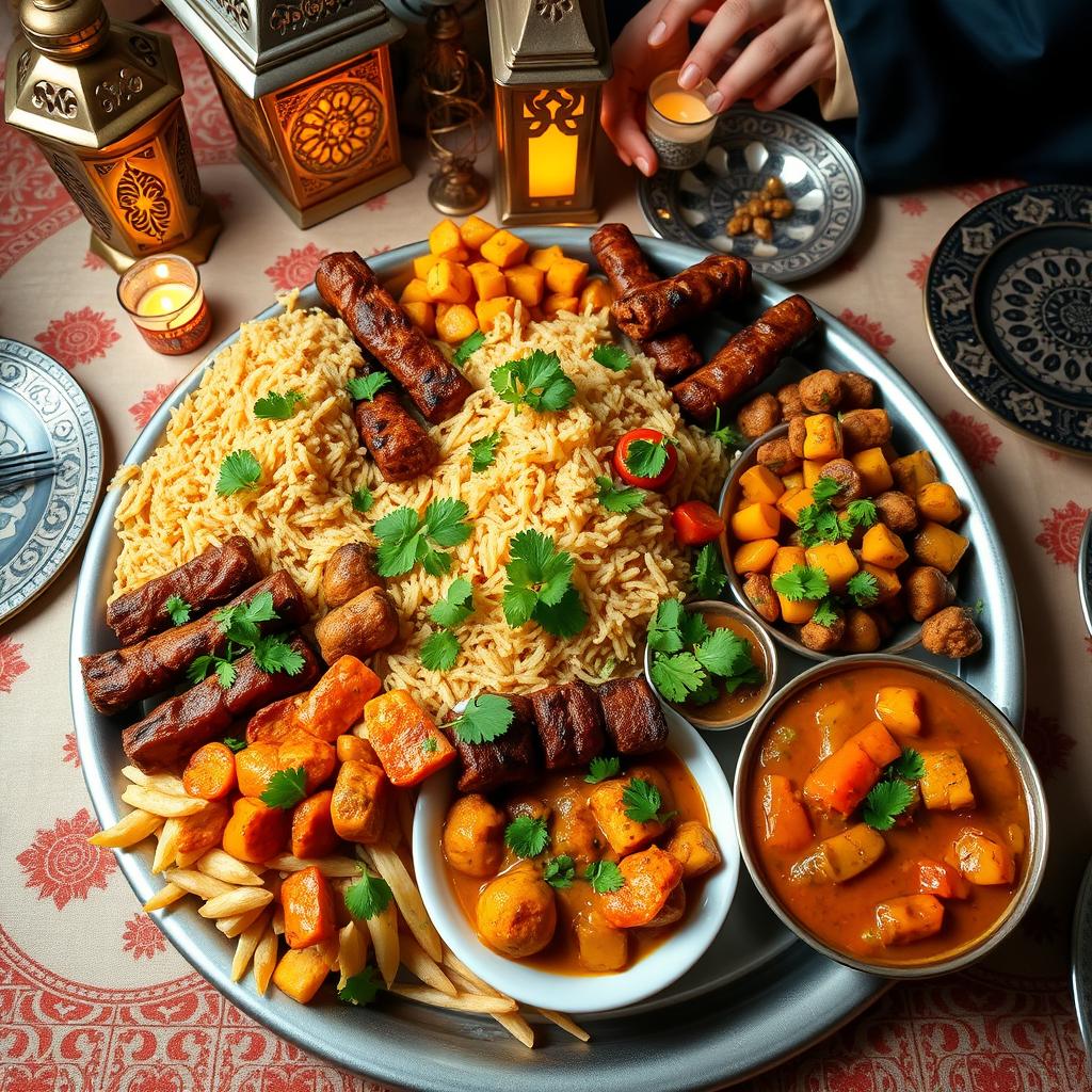 A beautifully arranged platter of traditional Muslim food including fragrant biryani, tender kebabs, and colorful vegetable curries, garnished with fresh herbs like mint and coriander