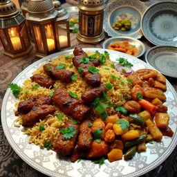 A beautifully arranged platter of traditional Muslim food including fragrant biryani, tender kebabs, and colorful vegetable curries, garnished with fresh herbs like mint and coriander