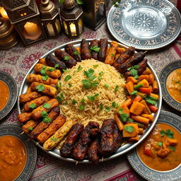A beautifully arranged platter of traditional Muslim food including fragrant biryani, tender kebabs, and colorful vegetable curries, garnished with fresh herbs like mint and coriander