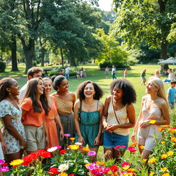 A lively and colorful scene of a diverse group of people laughing joyfully together in a park