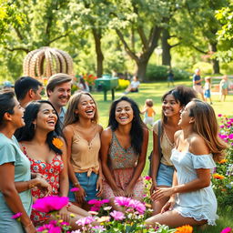 A lively and colorful scene of a diverse group of people laughing joyfully together in a park