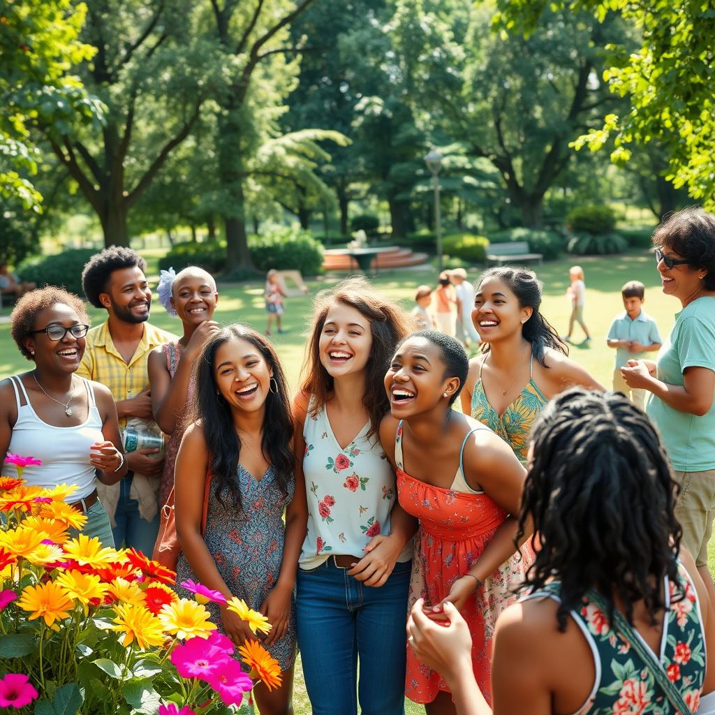 A lively and colorful scene of a diverse group of people laughing joyfully together in a park