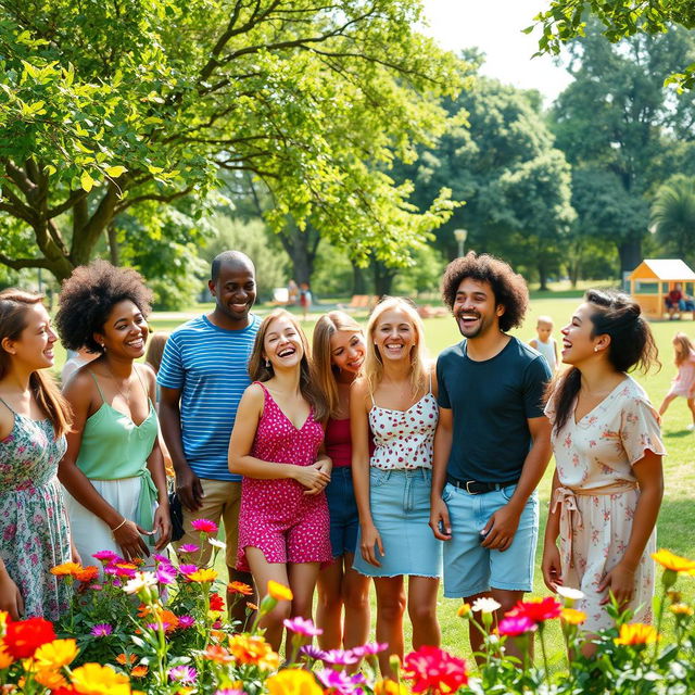 A lively and colorful scene of a diverse group of people laughing joyfully together in a park