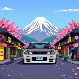 A pixel art representation of a Nissan Skyline GTR R32 prominently featured in the foreground, with the iconic Mount Fuji rising majestically in the background