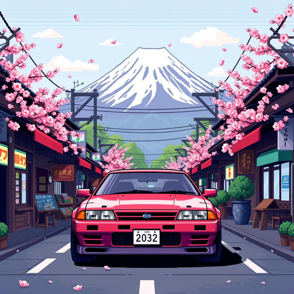 A pixel art representation of a Nissan Skyline GTR R32 prominently featured in the foreground, with the iconic Mount Fuji rising majestically in the background