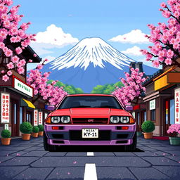 A pixel art representation of a Nissan Skyline GTR R32 prominently featured in the foreground, with the iconic Mount Fuji rising majestically in the background