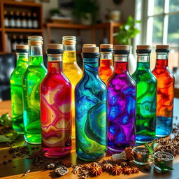A collection of colorful bottles filled with vivid and swirling acidic oils, each displaying unique textures and vibrant colors