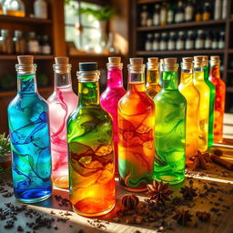 A collection of colorful bottles filled with vivid and swirling acidic oils, each displaying unique textures and vibrant colors