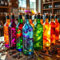 A collection of colorful bottles filled with vivid and swirling acidic oils, each displaying unique textures and vibrant colors