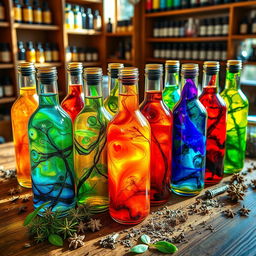 A collection of colorful bottles filled with vivid and swirling acidic oils, each displaying unique textures and vibrant colors