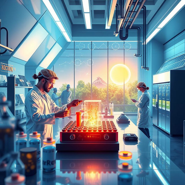 A vivid illustration of advanced materials and nanomaterials being utilized in renewable energy solutions