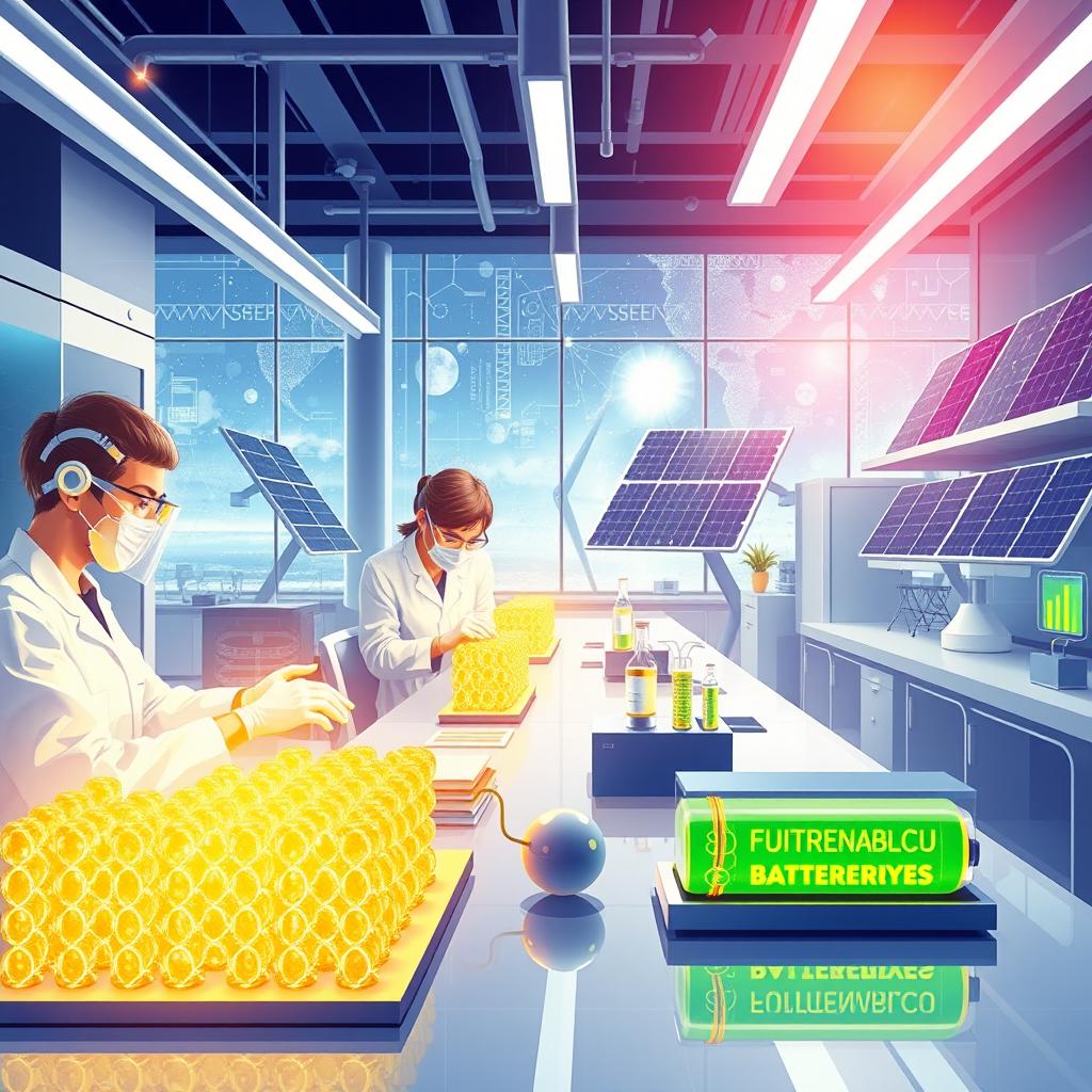 A vivid illustration of advanced materials and nanomaterials being utilized in renewable energy solutions