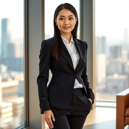 A sophisticated Asian woman dressed in a sleek, elegant formal suit with tailored black trousers, a fitted blazer, and a crisp white blouse, standing confidently in a modern office environment