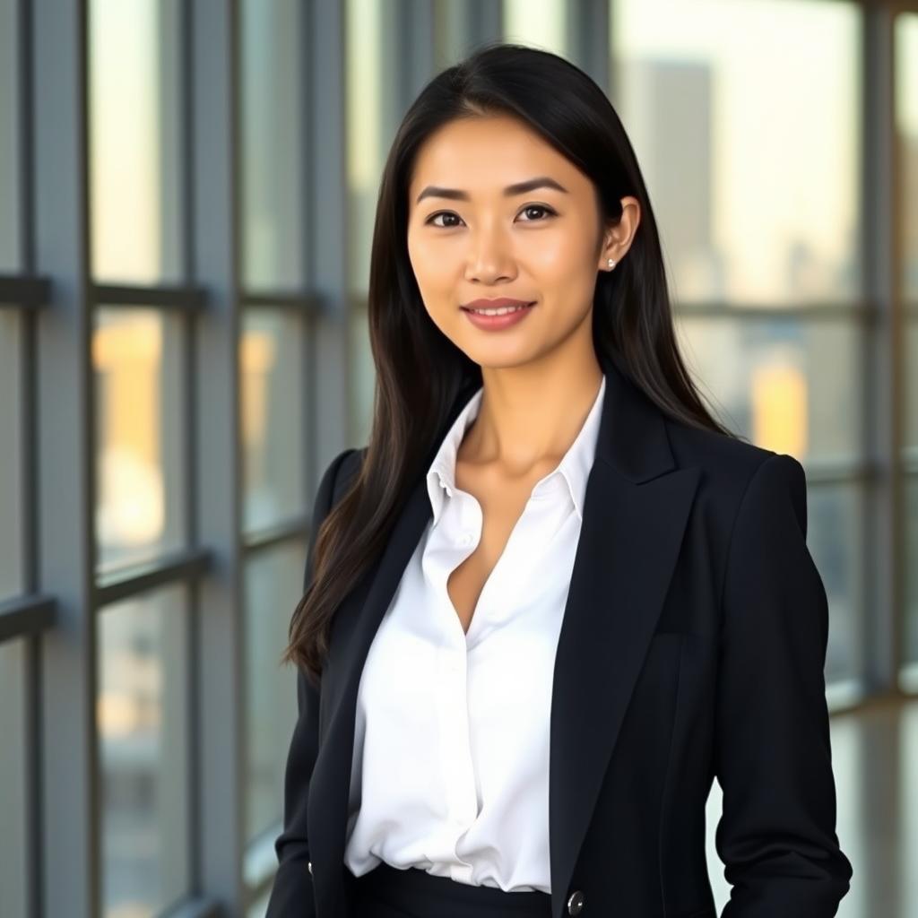A sophisticated Asian woman dressed in a sleek, elegant formal suit with tailored black trousers, a fitted blazer, and a crisp white blouse, standing confidently in a modern office environment