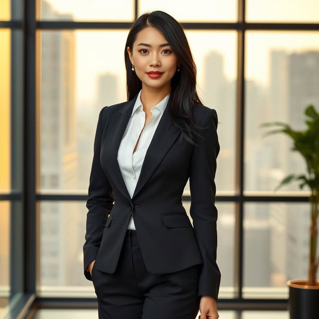 A sophisticated Asian woman dressed in a sleek, elegant formal suit with tailored black trousers, a fitted blazer, and a crisp white blouse, standing confidently in a modern office environment