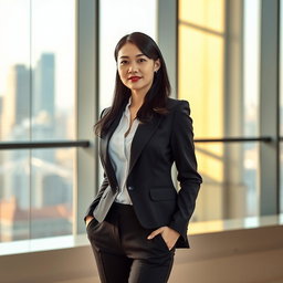 A sophisticated Asian woman dressed in a sleek, elegant formal suit with tailored black trousers, a fitted blazer, and a crisp white blouse, standing confidently in a modern office environment