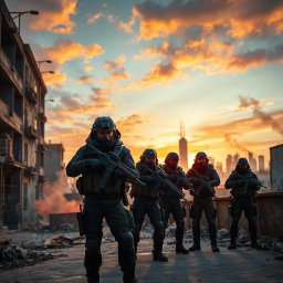 A tactical scene inspired by the Rainbow Six video game series, featuring a diverse elite team of operators in tactical gear, stealthily coordinating an operation
