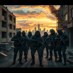 A tactical scene inspired by the Rainbow Six video game series, featuring a diverse elite team of operators in tactical gear, stealthily coordinating an operation