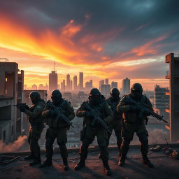 A tactical scene inspired by the Rainbow Six video game series, featuring a diverse elite team of operators in tactical gear, stealthily coordinating an operation