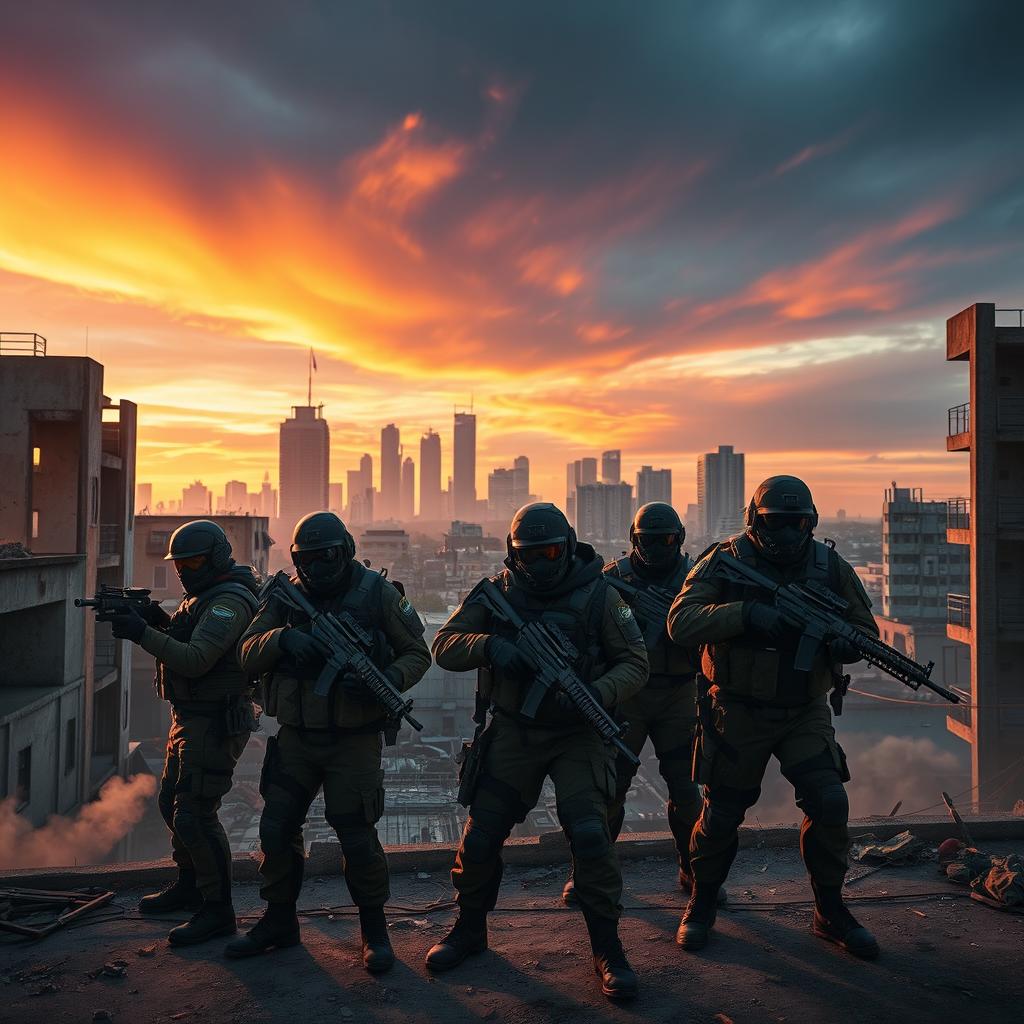 A tactical scene inspired by the Rainbow Six video game series, featuring a diverse elite team of operators in tactical gear, stealthily coordinating an operation