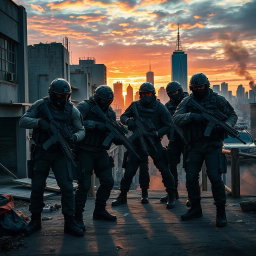A tactical scene inspired by the Rainbow Six video game series, featuring a diverse elite team of operators in tactical gear, stealthily coordinating an operation