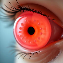 A mesmerizing close-up of a human eye crafted from a transparent material, showcasing a captivating pinkish-orange hue