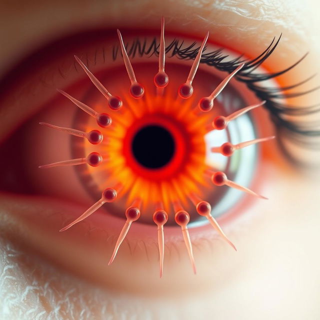 A mesmerizing close-up of a human eye crafted from a transparent material, showcasing a captivating pinkish-orange hue