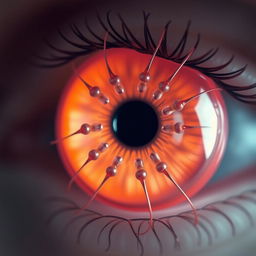 A mesmerizing close-up of a human eye crafted from a transparent material, showcasing a captivating pinkish-orange hue