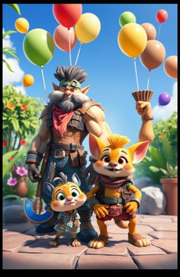 A vibrant and dynamic scene featuring two anthropomorphic characters named Toing and the Kuluk brothers, set in a colorful, whimsical environment