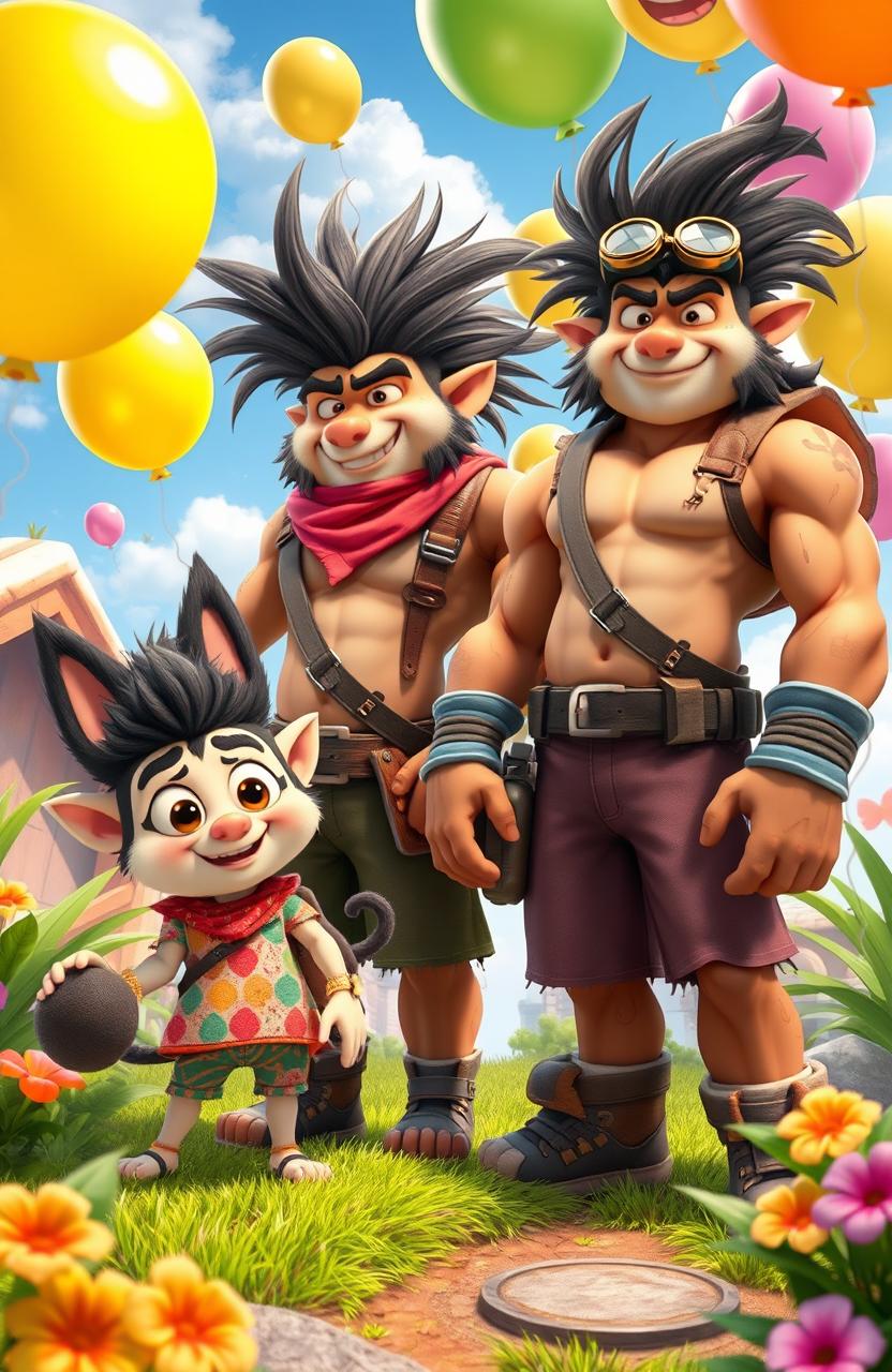 A vibrant and dynamic scene featuring two anthropomorphic characters named Toing and the Kuluk brothers, set in a colorful, whimsical environment