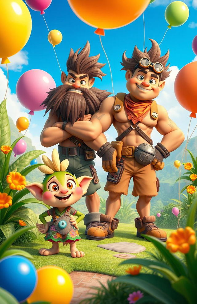 A vibrant and dynamic scene featuring two anthropomorphic characters named Toing and the Kuluk brothers, set in a colorful, whimsical environment