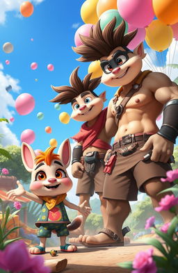 A vibrant and dynamic scene featuring two anthropomorphic characters named Toing and the Kuluk brothers, set in a colorful, whimsical environment