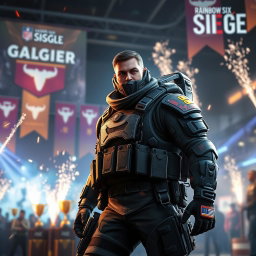 A vibrant and action-packed scene featuring the character Jäger from Rainbow Six Siege, dressed in his iconic tactical gear and showcasing his signature ability, the Active Defense System