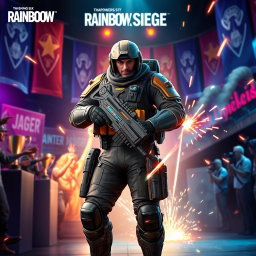 A vibrant and action-packed scene featuring the character Jäger from Rainbow Six Siege, dressed in his iconic tactical gear and showcasing his signature ability, the Active Defense System