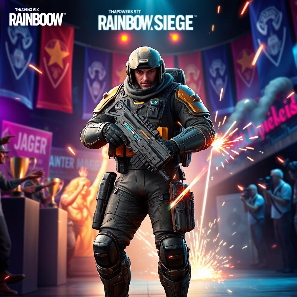 A vibrant and action-packed scene featuring the character Jäger from Rainbow Six Siege, dressed in his iconic tactical gear and showcasing his signature ability, the Active Defense System