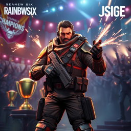 A vibrant and action-packed scene featuring the character Jäger from Rainbow Six Siege, dressed in his iconic tactical gear and showcasing his signature ability, the Active Defense System