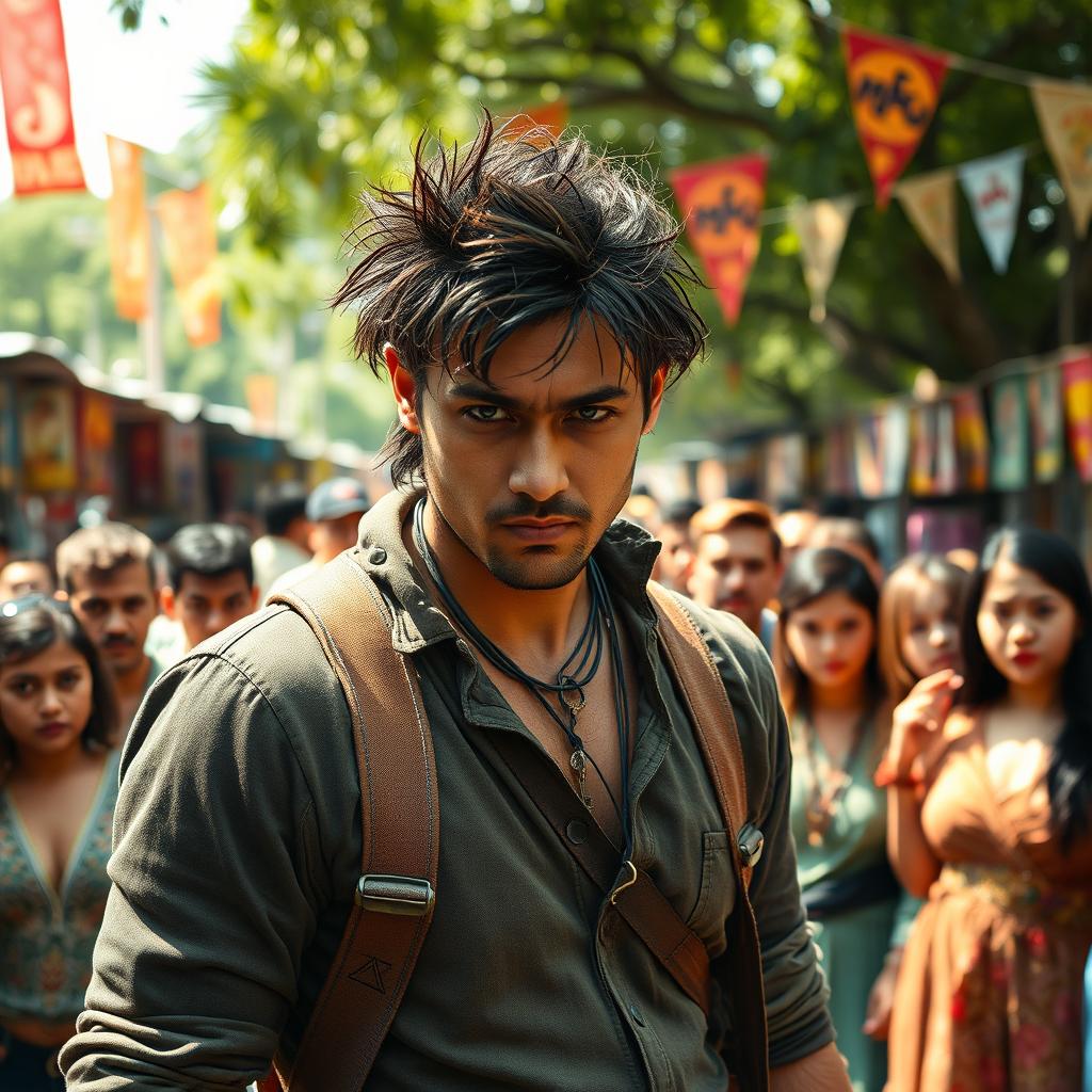 A rogue man with unkempt hair and rugged clothing stands confidently in front of a diverse group of captivated people