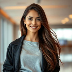 A focused and artistic portrait of a confident young woman in a casual, relaxed pose