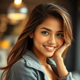 A focused and artistic portrait of a confident young woman in a casual, relaxed pose