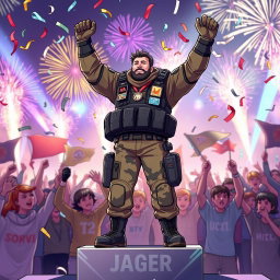 A vibrant and dynamic illustration of the character Jäger from Rainbow Six Siege, celebrating his victory as a champion